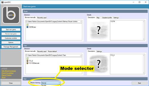 Screen dump of the OpenBVE start window showing the location of the mode selection field