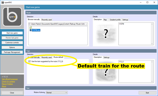 Screen dump of selection of default train for a route
