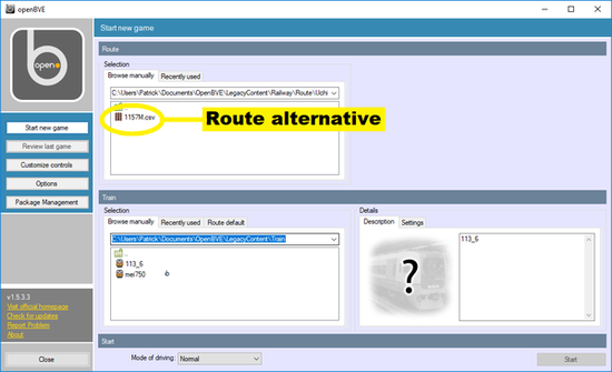 Screen dump to select which route alternative to run