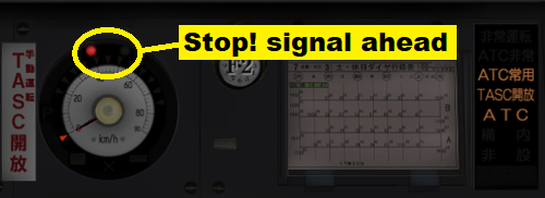 Screen dump of a train control panel where ATC indicates an upcoming Stop! signal with
                    a red lamp