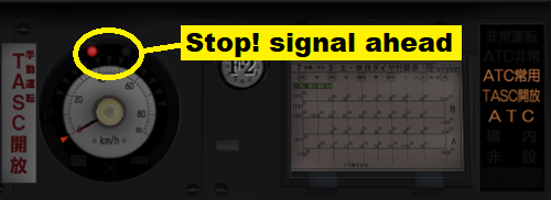 Screen dump of a train control panel where ATC indicates an upcoming Stop! signal with
                    a red lamp