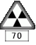 Triangular sign signalt with 3 black triangles on white bottom, under it a smaller
                             white sign with the numbers 70 in black