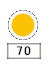 Circular orange sign signal with white border, under it a smaller white sign with
                             the numbers 70 in black